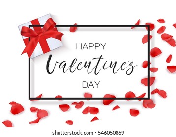 Vector  Happy Valentine's day background with frame, gift and rose petal.