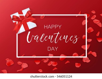 Vector  Happy Valentine's day background with frame, gift and rose petal.