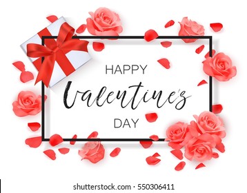 Vector Happy Valentine's day background with frame, roses and petals.