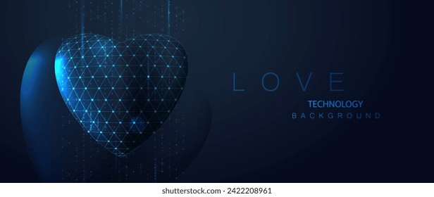 Vector happy valentine's day banner. Wireframe heart in low poly style. Ai futuristic love technology background.	
