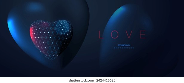 Vector happy valentine's day banner. Wireframe heart in low poly style. Ai futuristic love technology background.	