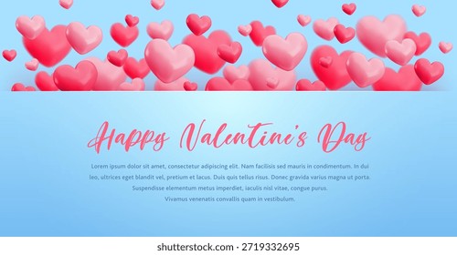 Modelo de banner do Dia dos Namorados Feliz Vetor. Borda horizontal com balões de coração rosa realista voador quadro e texto sobre fundo azul. Cartoon 3d projeto do dia dos namorados para saudações, convite.
