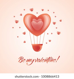 Vector happy valentines day, be my valentine romantic invitation card template with hot air balloon in heart shape, near small hearts love symbols. Isolated holiday illustration on pink background.