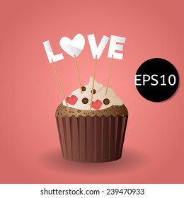 Vector Happy Valentine's day card with vintage colors cupcake and paper love letters