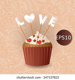 Vector Happy Valentine's day card with vintage colors cupcake and paper love letters on seamless ornamental background
