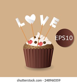 Vector Happy Valentine's day card with vintage colors cupcake and paper love letters