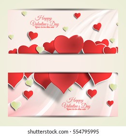 Vector Happy Valentine's Day card with red and green hearts from paper with shadow and waves on the light green background.