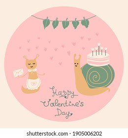 Vector Happy Valentine's Day card.Couple of cute little snails together. Сake, pink hearts. Cartoon illustration. Perfect for Valentine Day poster or greeting card, banner