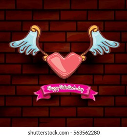 vector happy valentines day cartoon tattoo style heart with angel wings and old vintage ribbon isolated on grunge red brick wall background.