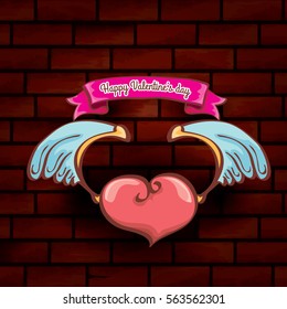vector happy valentines day cartoon tattoo style heart with angel wings and old vintage ribbon isolated on grunge red brick wall background.