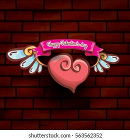 vector happy valentines day cartoon tattoo style heart with angel wings and old vintage ribbon isolated on grunge red brick wall background.