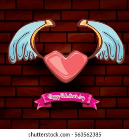 vector happy valentines day cartoon tattoo style heart with angel wings and old vintage ribbon isolated on grunge red brick wall background.