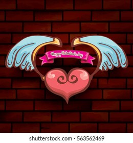 vector happy valentines day cartoon tattoo style heart with angel wings and old vintage ribbon isolated on grunge red brick wall background.