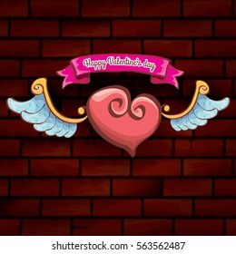 vector happy valentines day cartoon tattoo style heart with angel wings and old vintage ribbon isolated on grunge red brick wall background.