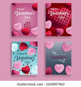 Vector Happy Valentines Day Collection of Posters, 3d hearts design. Shopping and promotion template or background for Women's Day and Love concept.