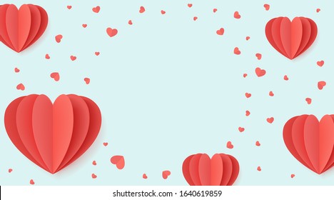 Vector happy Valentine's day concept design on a white blue background. Flat lay copy space template, top view. Love hearts shapes paper air ballon. Origami 3d illustration art