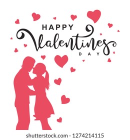 Vector happy valentines day with couple silhouette and decorative lettering on white background. Illustration of romantic holiday greeting card and poster web banner design.