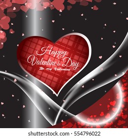 Vector Feliz Día de San Valentín sobre el degradado gris oscuro y fondo rojo con siluetas cardíacas, olas, estrellas, ranura en la esquina inferior derecha.