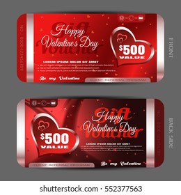 Vector Happy Valentine's Day gift voucher on the red gradient background with hearts, waves and stars.