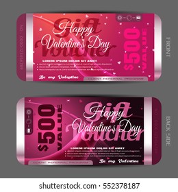 Vector Happy Valentine's Day gift voucher on the pink gradient background with hearts, waves and stars.