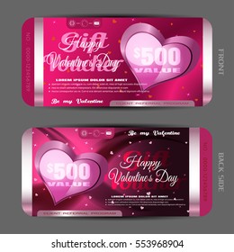 Vector Happy Valentine's Day gift voucher on the pink gradient background with hearts, waves.