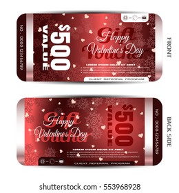 Vector Happy Valentine's Day gift voucher on the red gradient background with hearts, snowflake pattern.