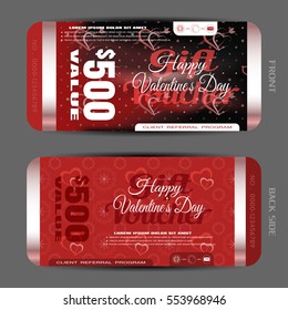 Vector Happy Valentine's Day gift voucher on the red gradient background with hearts, snowfall, pattern.