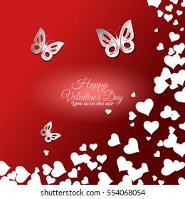 Vector Happy Valentine's Day gradient red background with cutout butterflies and white hearts.