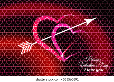 Vector Happy Valentine's Day gradient red and pink background with heart silhouettes and arrow.