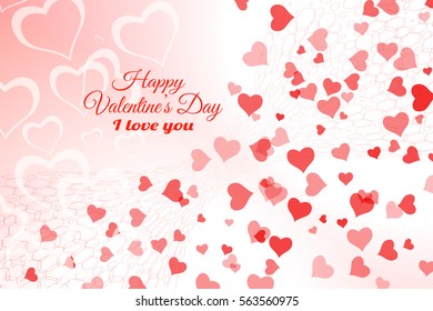 Vector Happy Valentine's Day gradient light red background with heart silhouettes different size and hexagon net.