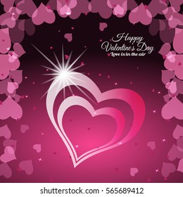 Vector Happy Valentine's Day gradient dark pink background with heart silhouettes different transparency and glow.