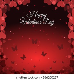 Vector Happy Valentine's Day gradient red background with hearts and butterfly silhouettes.