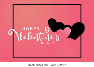 Vector Happy Valentine's day greeting design with heart, lettering, and frame. Pink and black colors modern design.