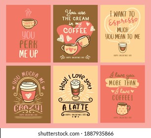 Vector Happy Valentine's day greeting cards set with hand drawn illustrations, hearts and lettering. Coffee puns love theme. 