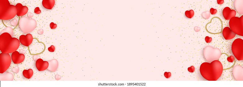 Vector Happy Valentine's Day greeting card with sparkling glitter gold textured hearts on red background