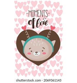 Vector happy valentine's day greeting card with cat and hearts in hand-drawn style.