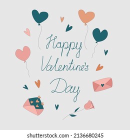 Vector Happy Valentinstag Grußkarte. Kalligraphische Inschrift, Ballons, Rosen, Herzen, Umschlag.