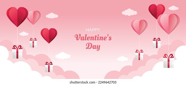 Vector Happy Valentine's Day greeting poster banner with floating paper cut heart balloons, gift boxes, clouds illustration for love, wedding, online shopping concept. Pink background with copy space.