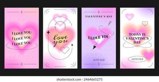 Vector feliz día de san valentín tarjetas de felicitación conjunto con gradiente aura corazones rosados. Fundas de amor con romántico símbolo romántico borroso. Póster estético minimalista o Anuncio de invitación en estilo y2k de moda.