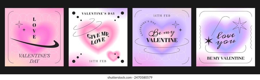 Vector happy valentine's day greeting cards with aura heart blurred gradient. Love covers with romantic symbol. Minimalist poster or invitation banner in trendy y2k style. Social media post templates.