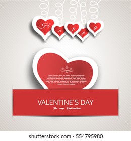 Vector Happy Valentine's Day greeting card with red paper heart insert in the red slot with shadow.