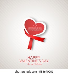 Vector Happy Valentine's Day greeting card with red paper heart insert in the red gradient stripe with shadow.