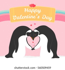 Vector happy Valentine's Day greeting card. Hand drawn lovely penguin couple.