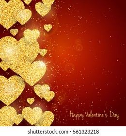 Vector Happy Valentine's Day greeting card with sparkling glitter gold textured hearts on red background.
