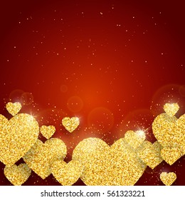 Vector Happy Valentine's Day greeting card with sparkling glitter gold textured hearts on red background.