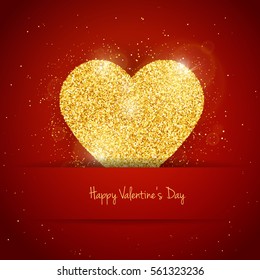 Vector Happy Valentine's Day greeting card with sparkling glitter gold textured heart on red background. Seasonal holidays background with love symbol.