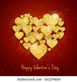Vector Happy Valentine's Day greeting card with sparkling glitter gold textured hearts on red background in heart shape.
