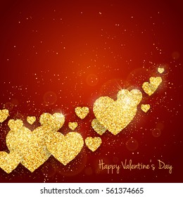 Vector Happy Valentine's Day greeting card with sparkling glitter gold textured hearts on red background.