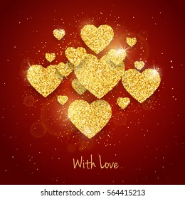 Vector Happy Valentine's Day greeting card with sparkling glitter gold textured hearts on red background.