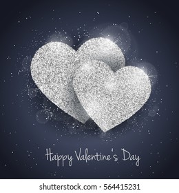 Vector Happy Valentine's Day greeting card with sparkling glitter silver textured hearts. Seasonal holidays background. Love Symbol background.